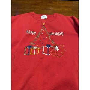Vintage Happy Holidays Tree & Bear Embroidered Sweatshirt Pullover XL